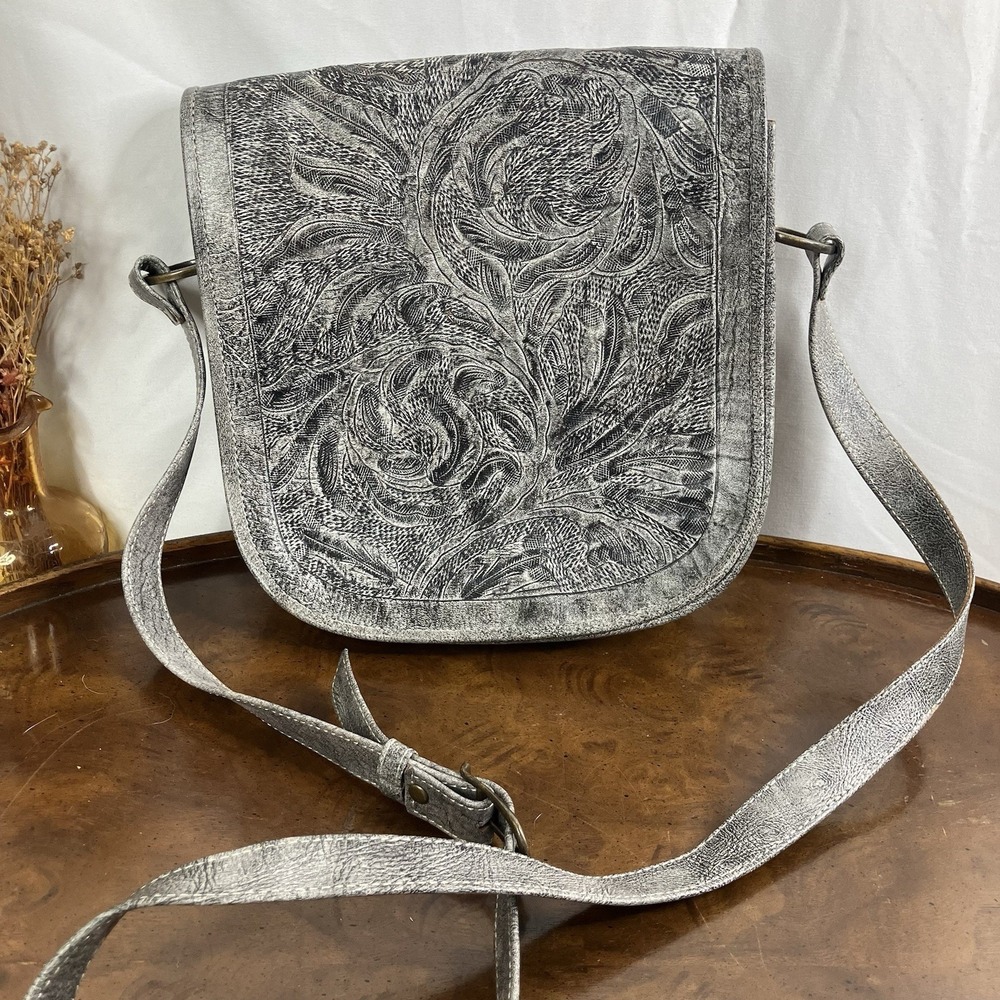 Vintage Leader Crossbody Purse Boho Bag Gray Hand Tooled Paraguay